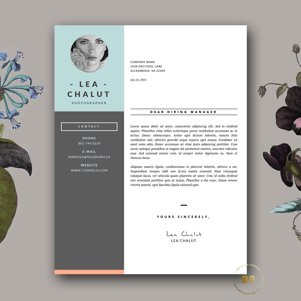 Professional resume template with flowers on a gray background.