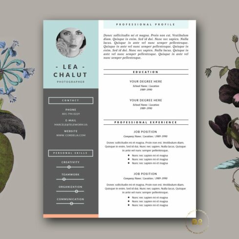 Professional resume with flowers on the side.
