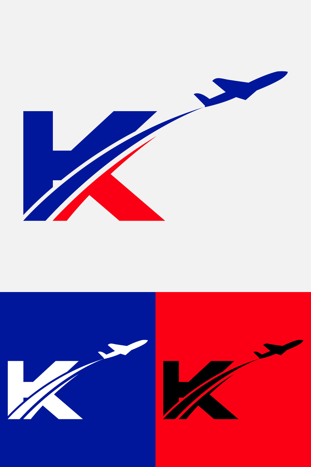 Initial letter K with airplane Logo Design Airline, airplane, aviation, travel logo template pinterest preview image.