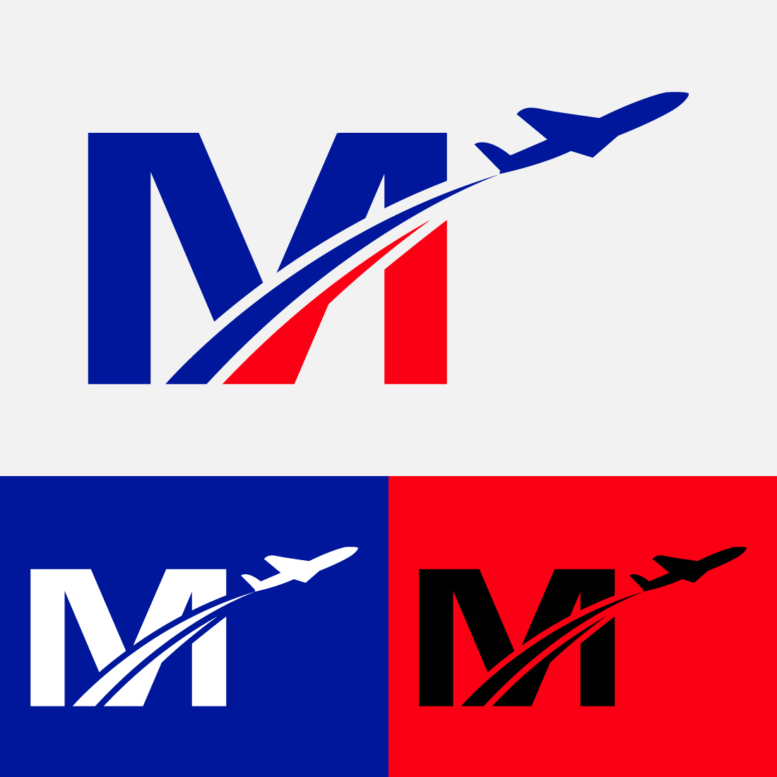 Initial letter M with airplane Logo Design Airline, airplane, aviation, travel logo template preview image.