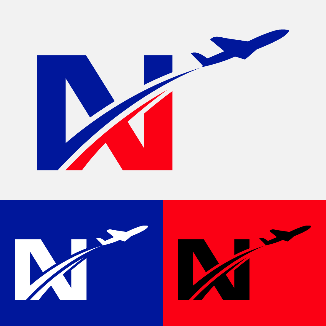 Initial letter N with airplane Logo Design Airline, airplane, aviation, travel logo template preview image.