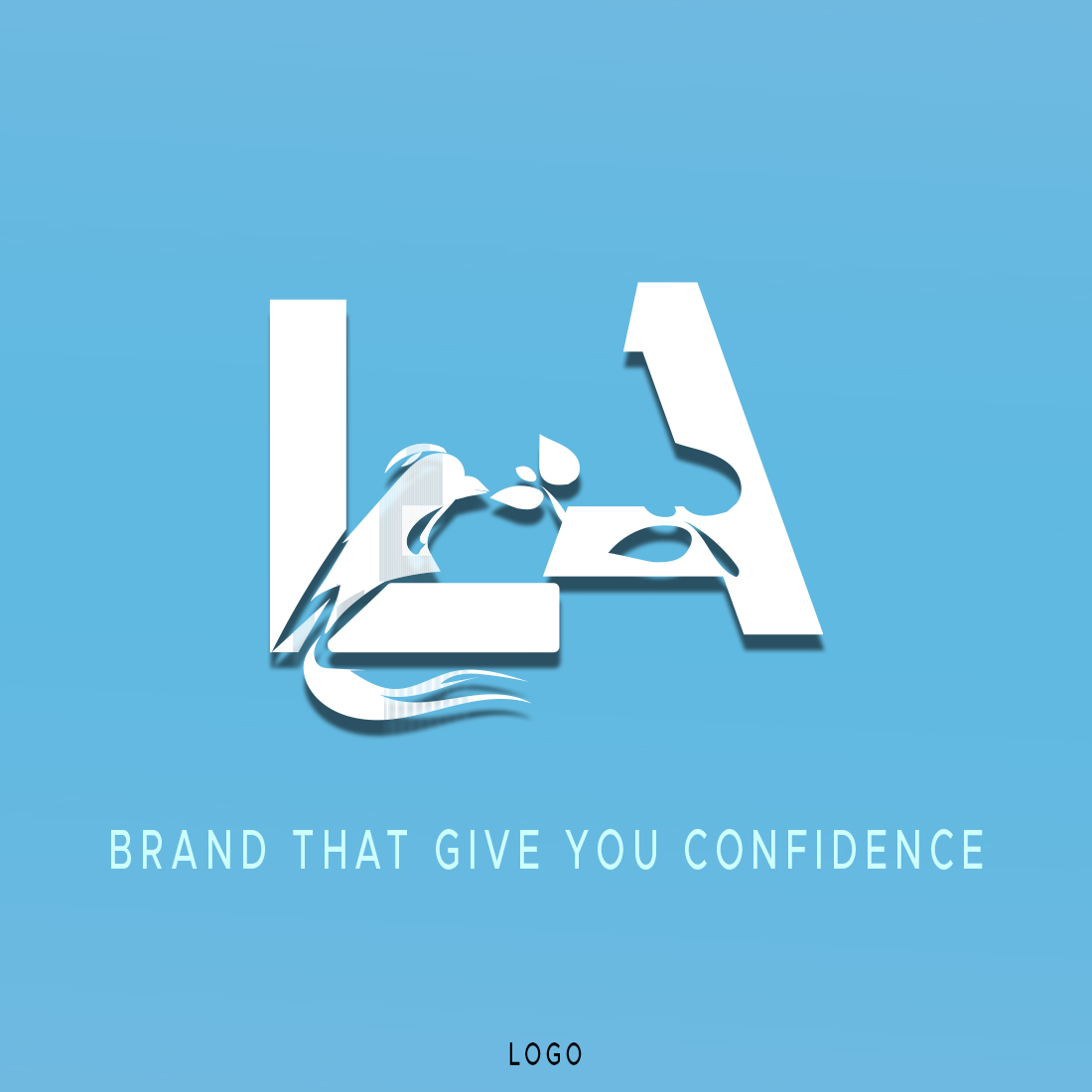 Blue and white logo with the words brand that give you confidence.
