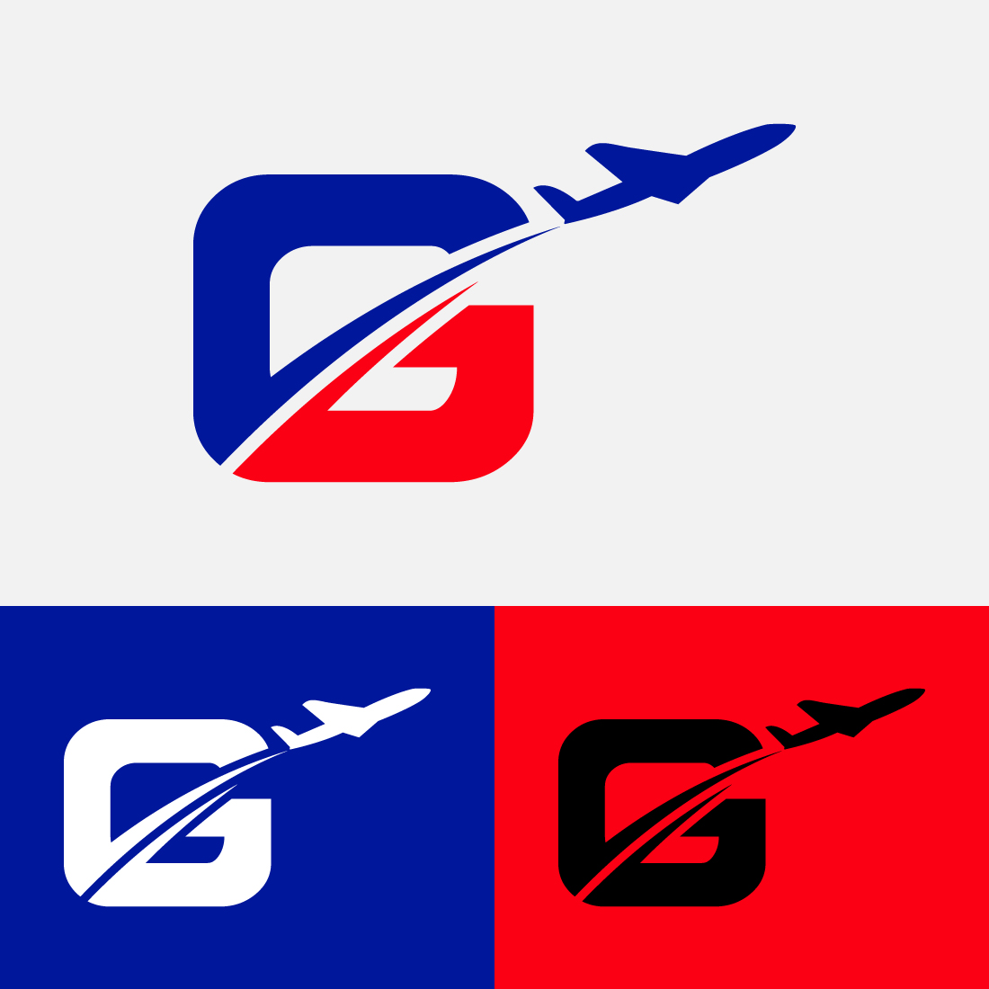 Initial letter G with airplane Logo Design Airline, airplane, aviation, travel logo template preview image.