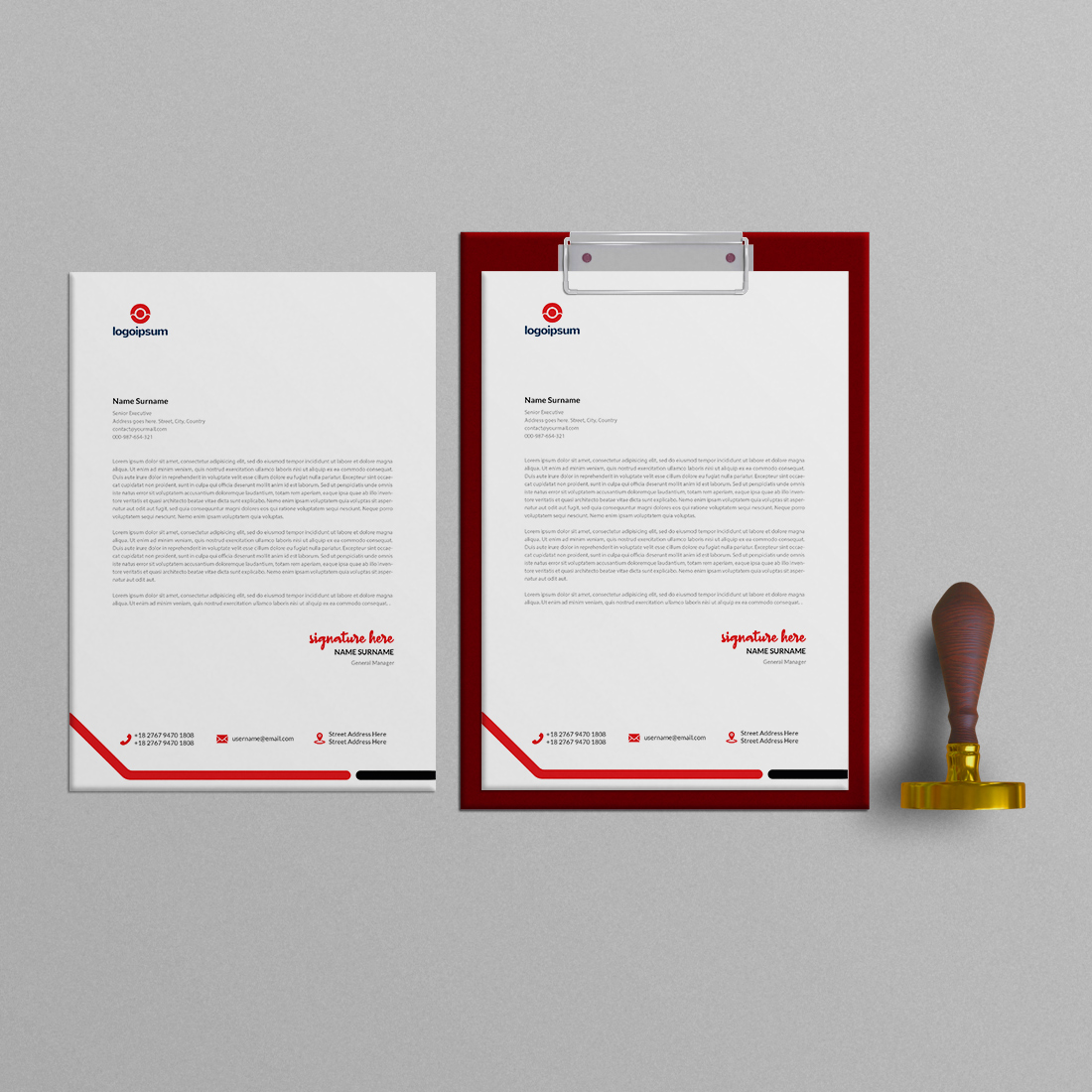 Red and white letterhead and a red rubber stamp.