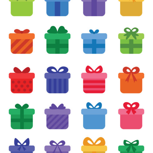 Group of colorful boxes with bows on them.