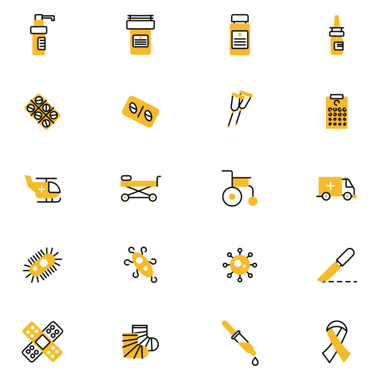 Set of different types of icons on a white background.