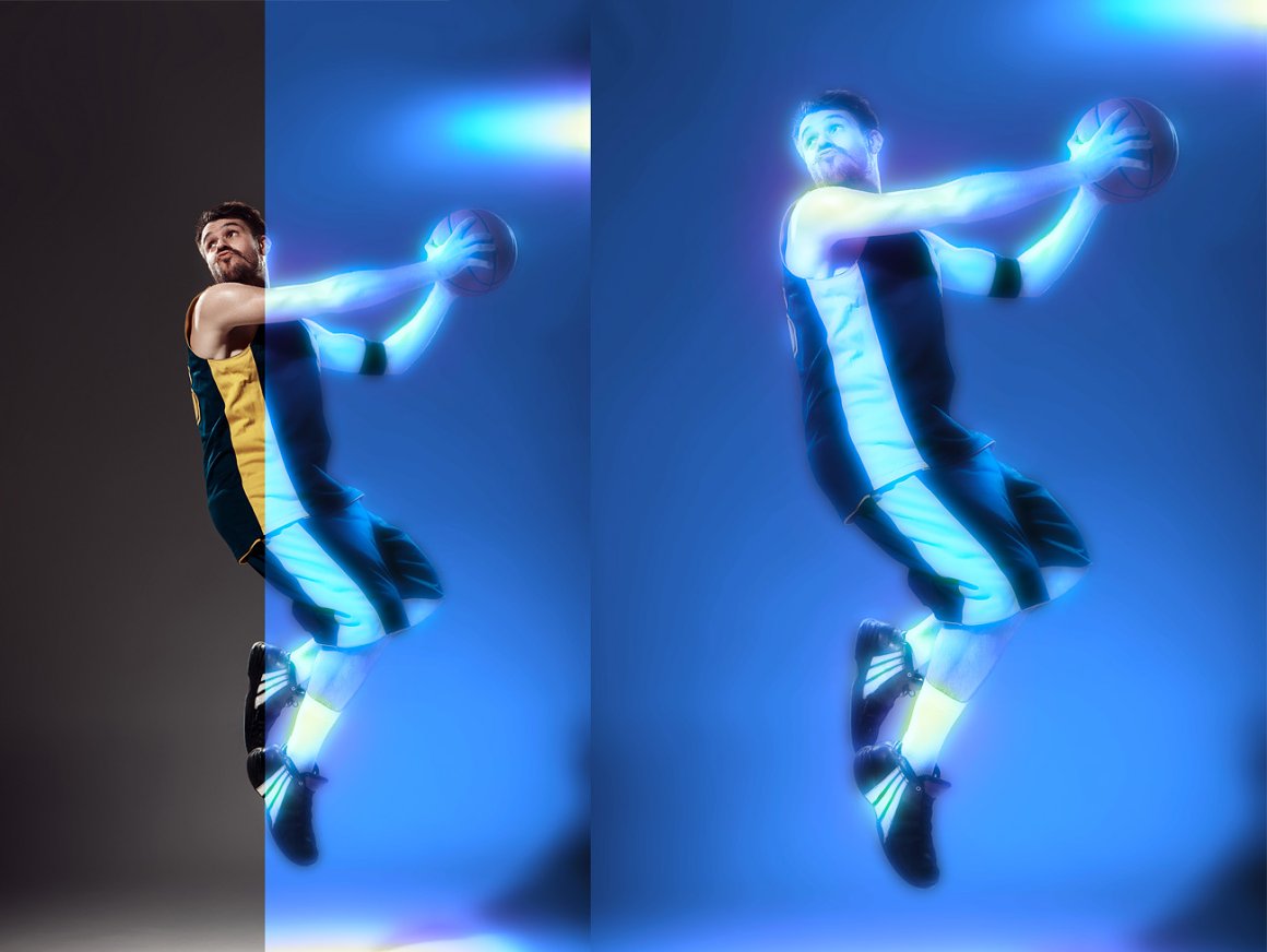 Man is jumping in the air with a basketball.