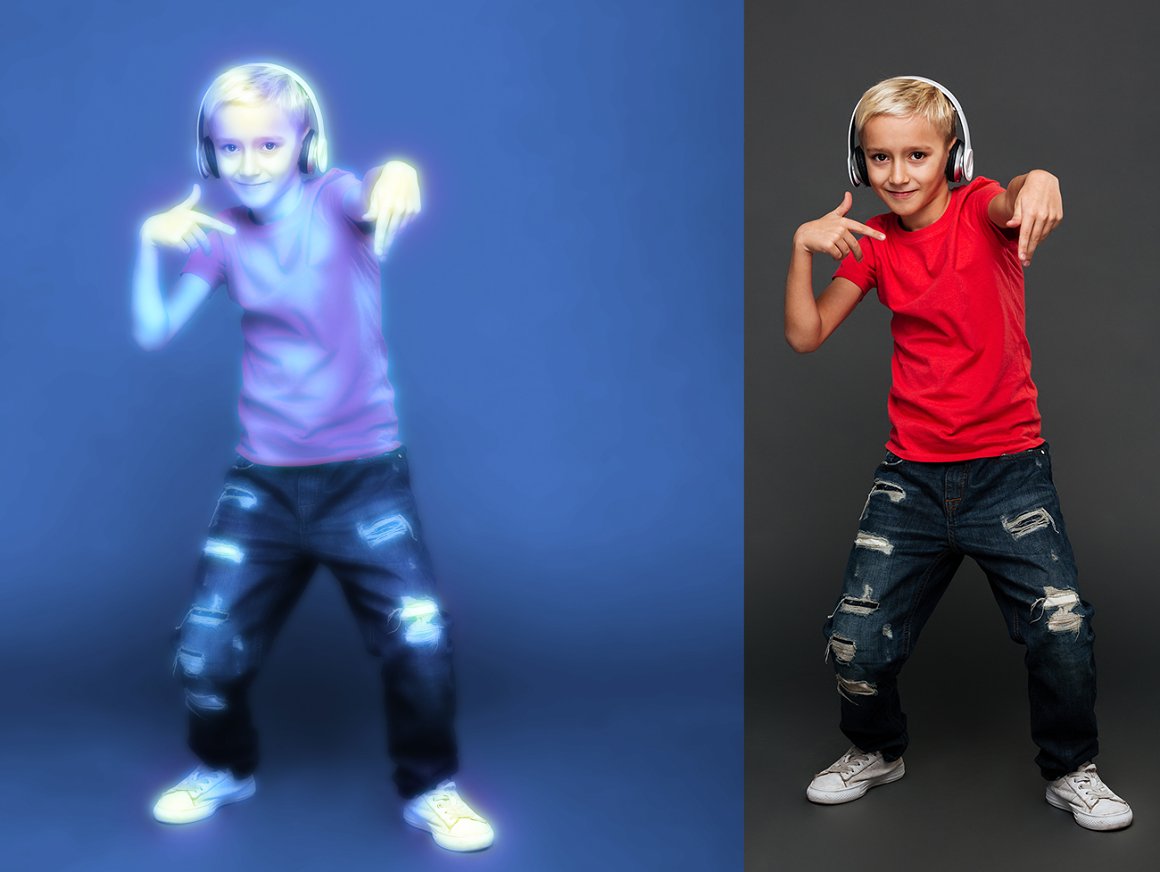 Two photos of a little girl with headphones.