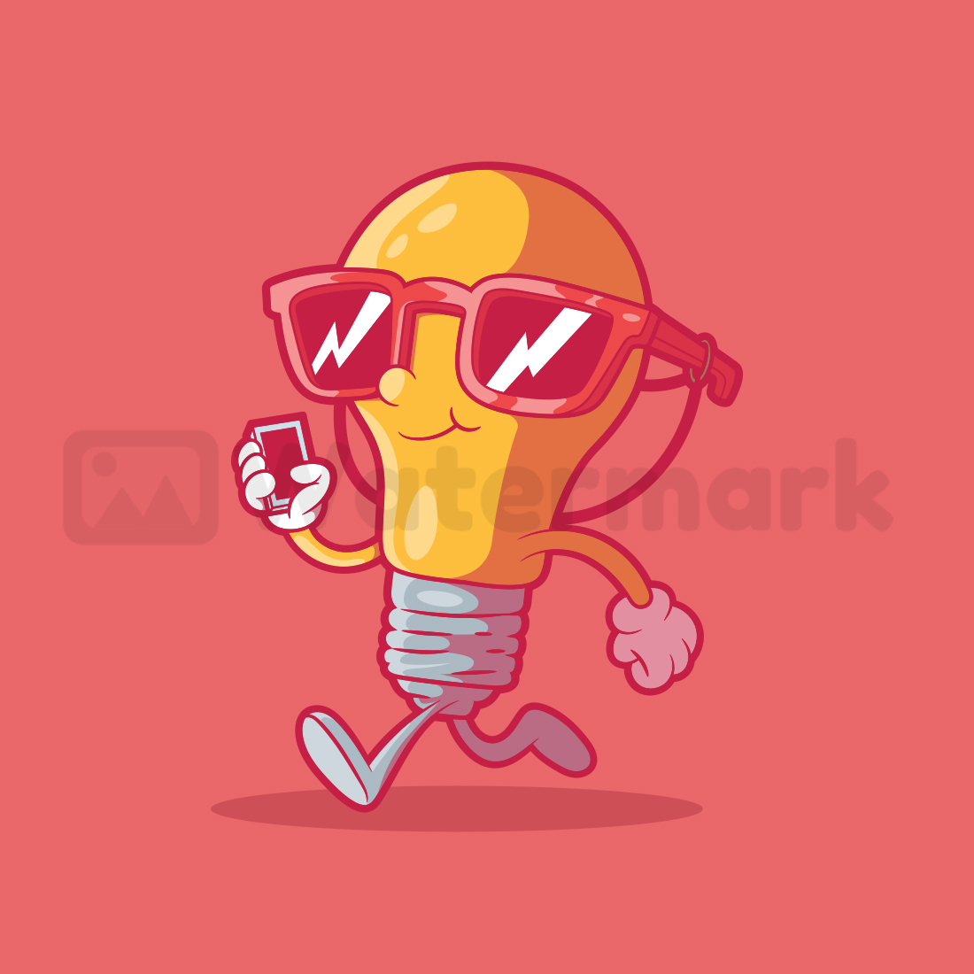 Cartoon light bulb running with a cell phone.