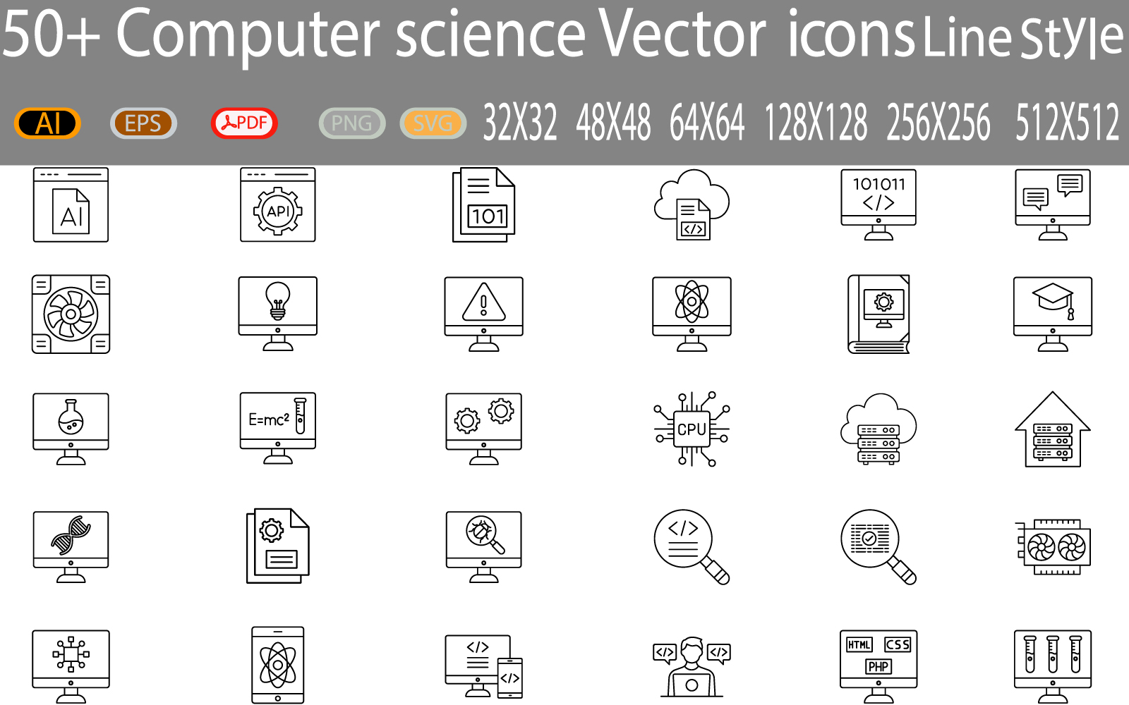 Set of 50 computer science line icons.