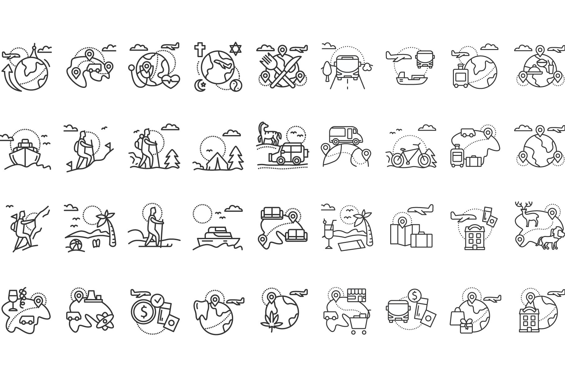 Rest and traveling line icons set cover image.