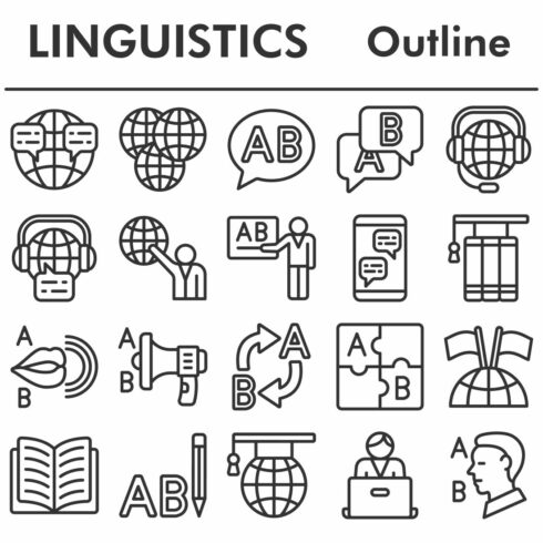 Linguistics icons set, outline style cover image.