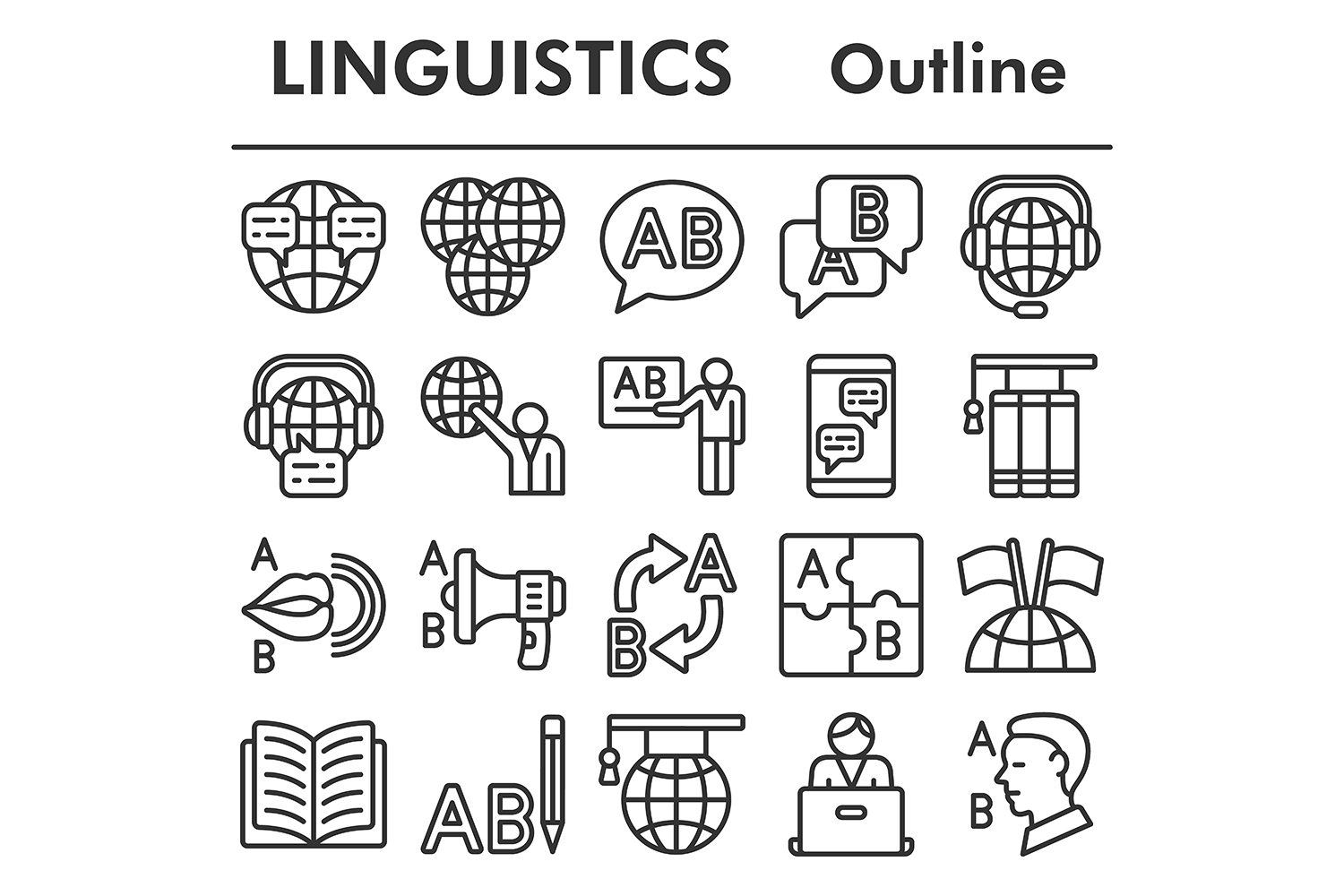 Linguistics icons set, outline style pinterest preview image.
