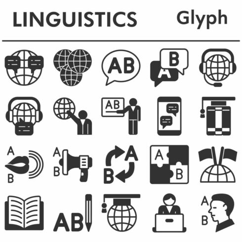 Linguistics icons set, glyph style cover image.