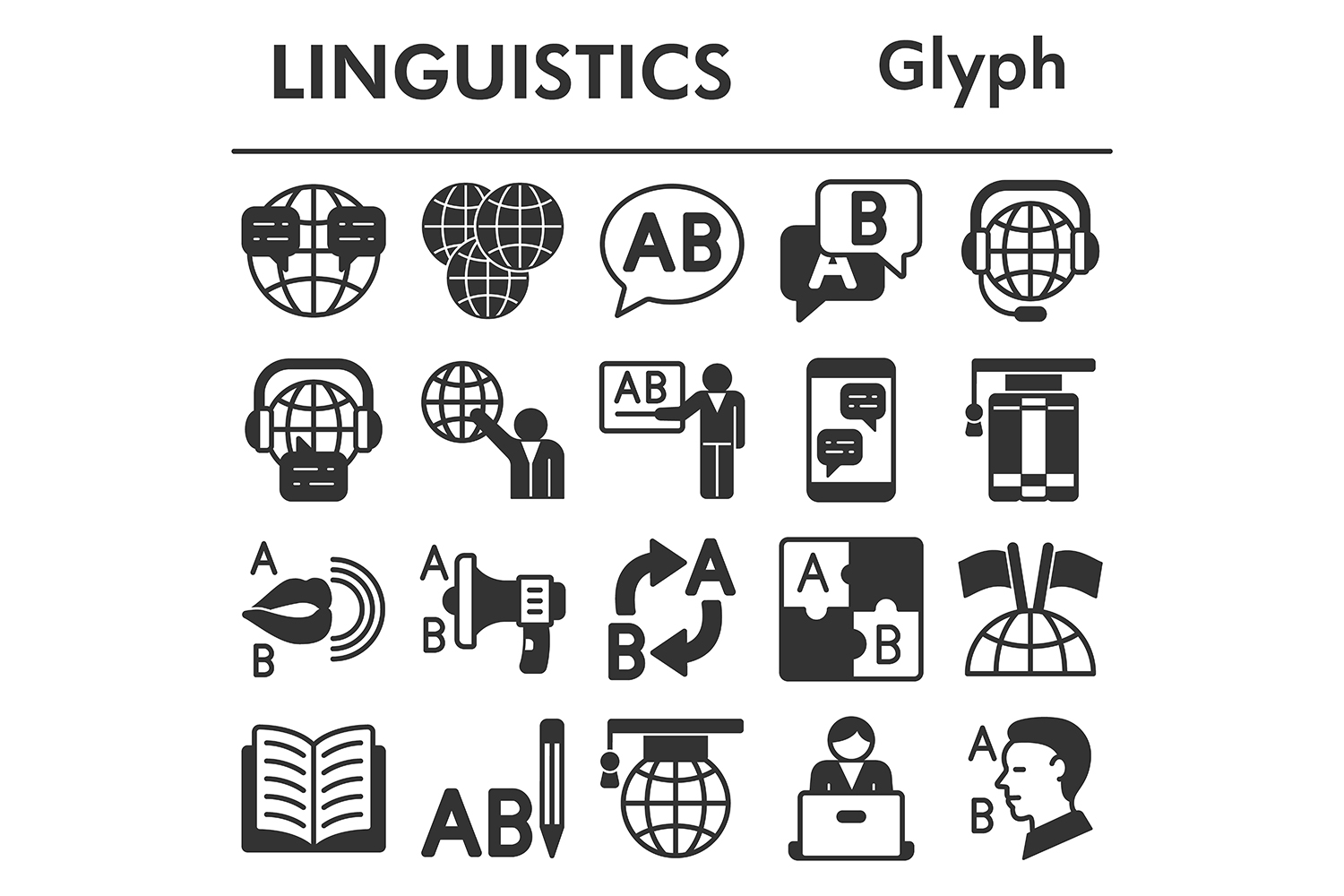 Linguistics icons set, glyph style pinterest preview image.