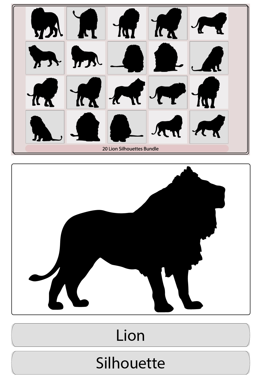 Lion silhouette,Lions set vector,African lion silhouettes set,Lion and lion cub predator black silhouette animal pinterest preview image.