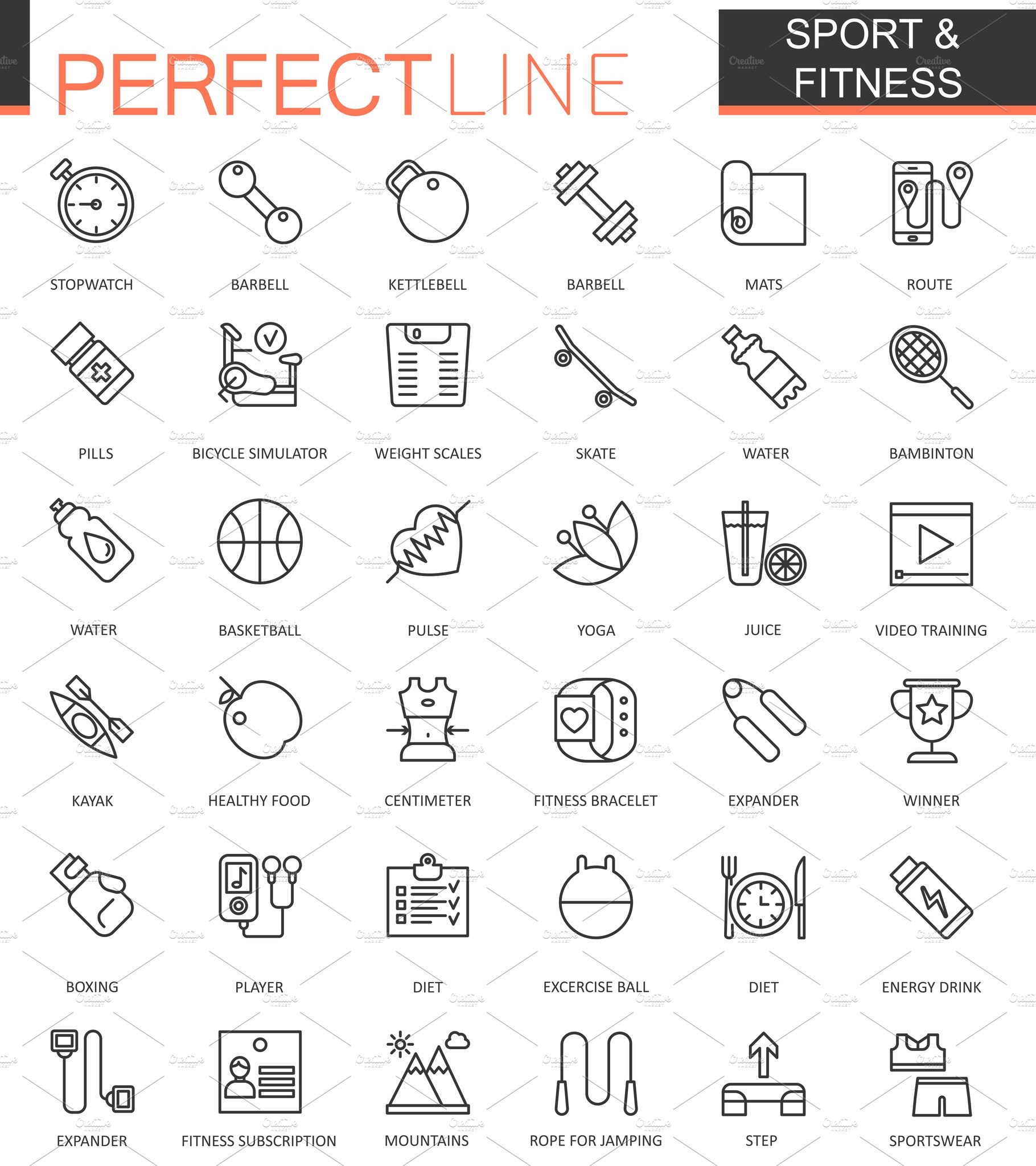 Sport and fitness line icons set cover image.