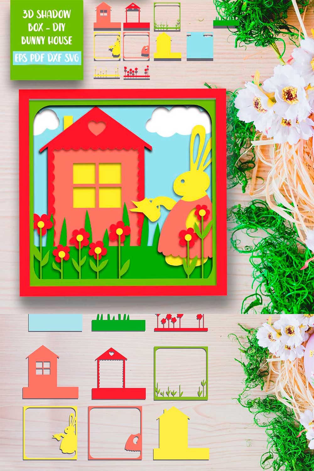 Bunny hose 3D Shadow Box SVG Papercut Cutting for kids pinterest preview image.