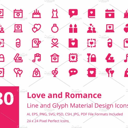 180 Love and Romance Material Icons cover image.