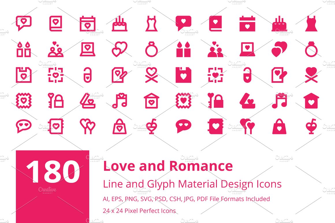 180 Love and Romance Material Icons cover image.