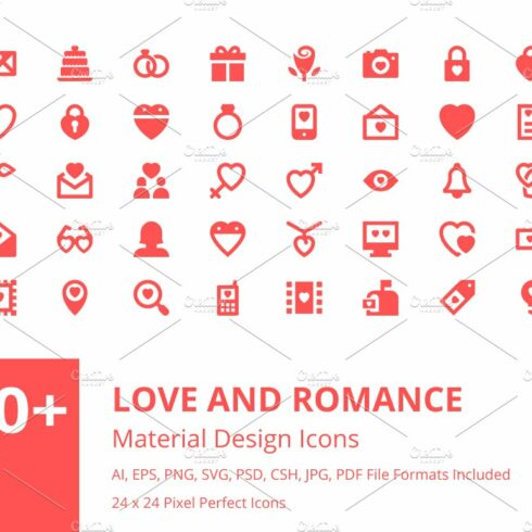 100+ Love and Romance Material Icons cover image.