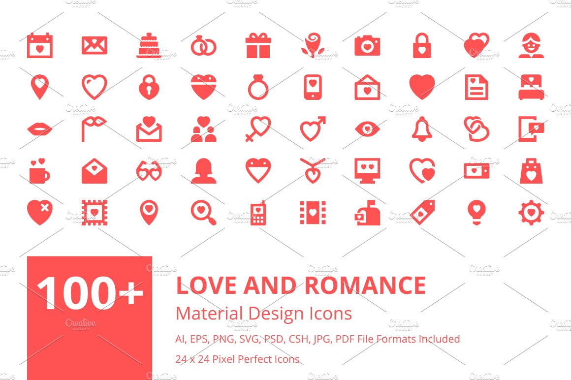 100+ Love and Romance Material Icons cover image.