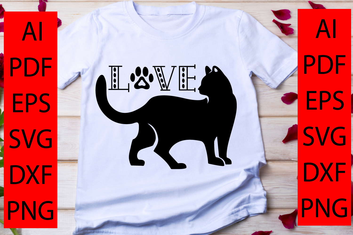 T - shirt with a black cat and the word love on it.