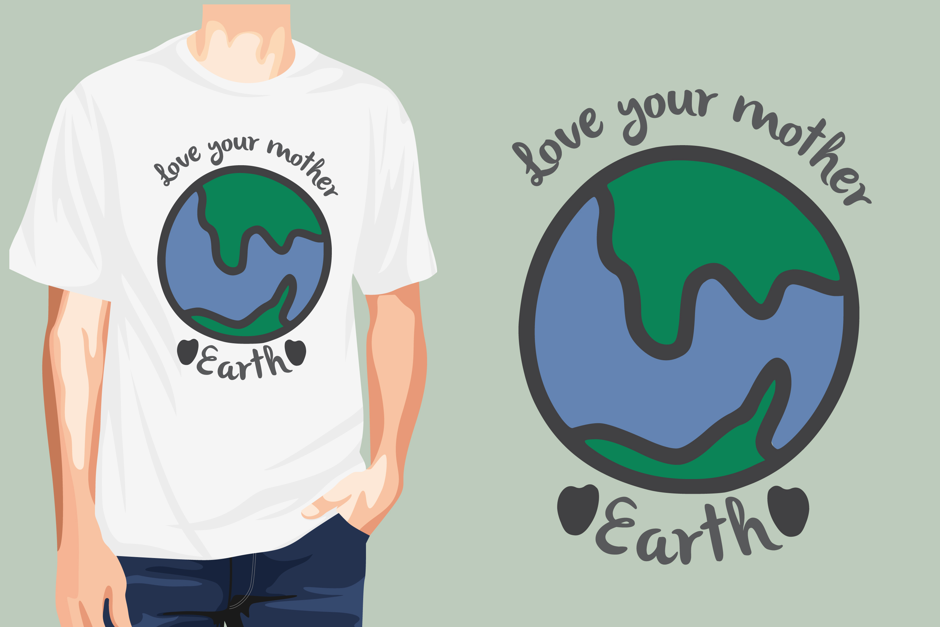 Man standing next to a t - shirt with the earth on it.