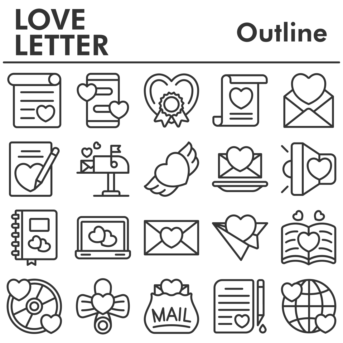 Love letter outline icons.