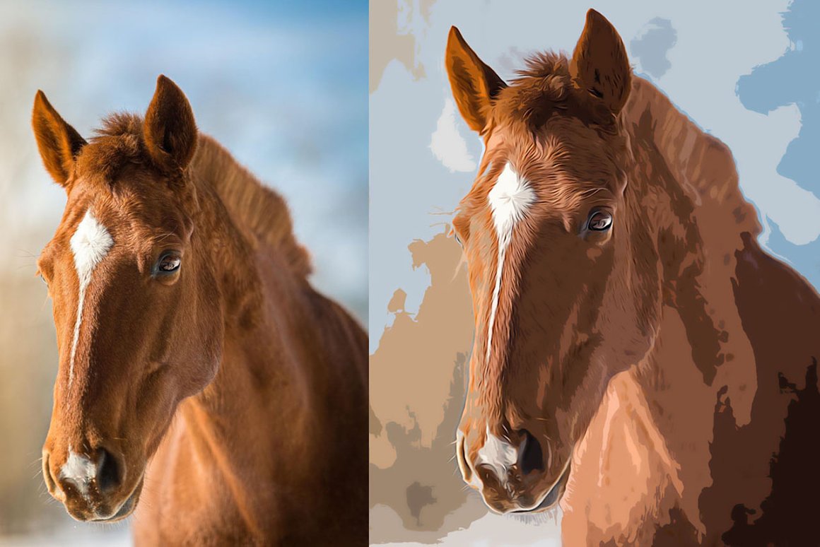 Painting of a brown horse looking at the camera.