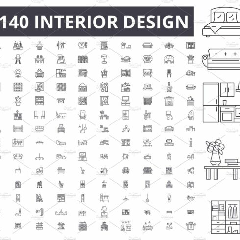 Interior design editable line icons cover image.