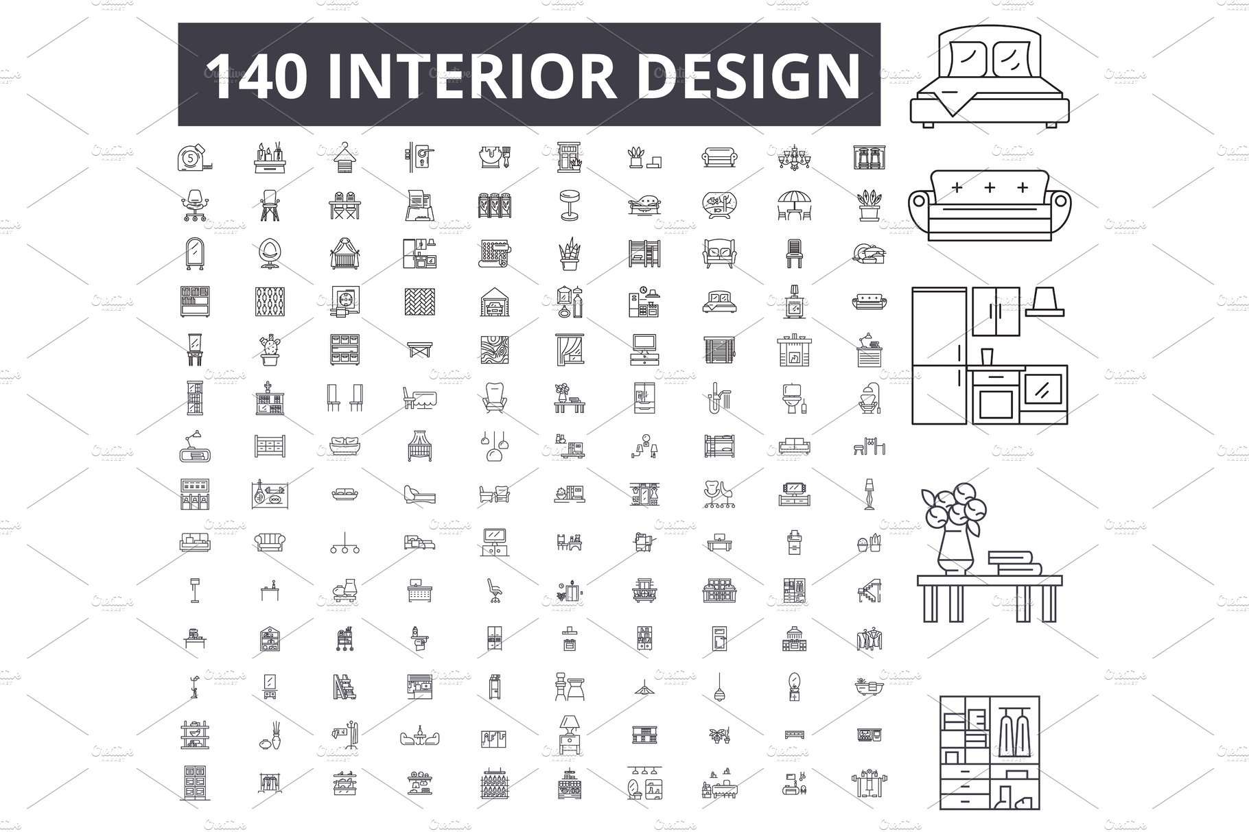 Interior design editable line icons cover image.