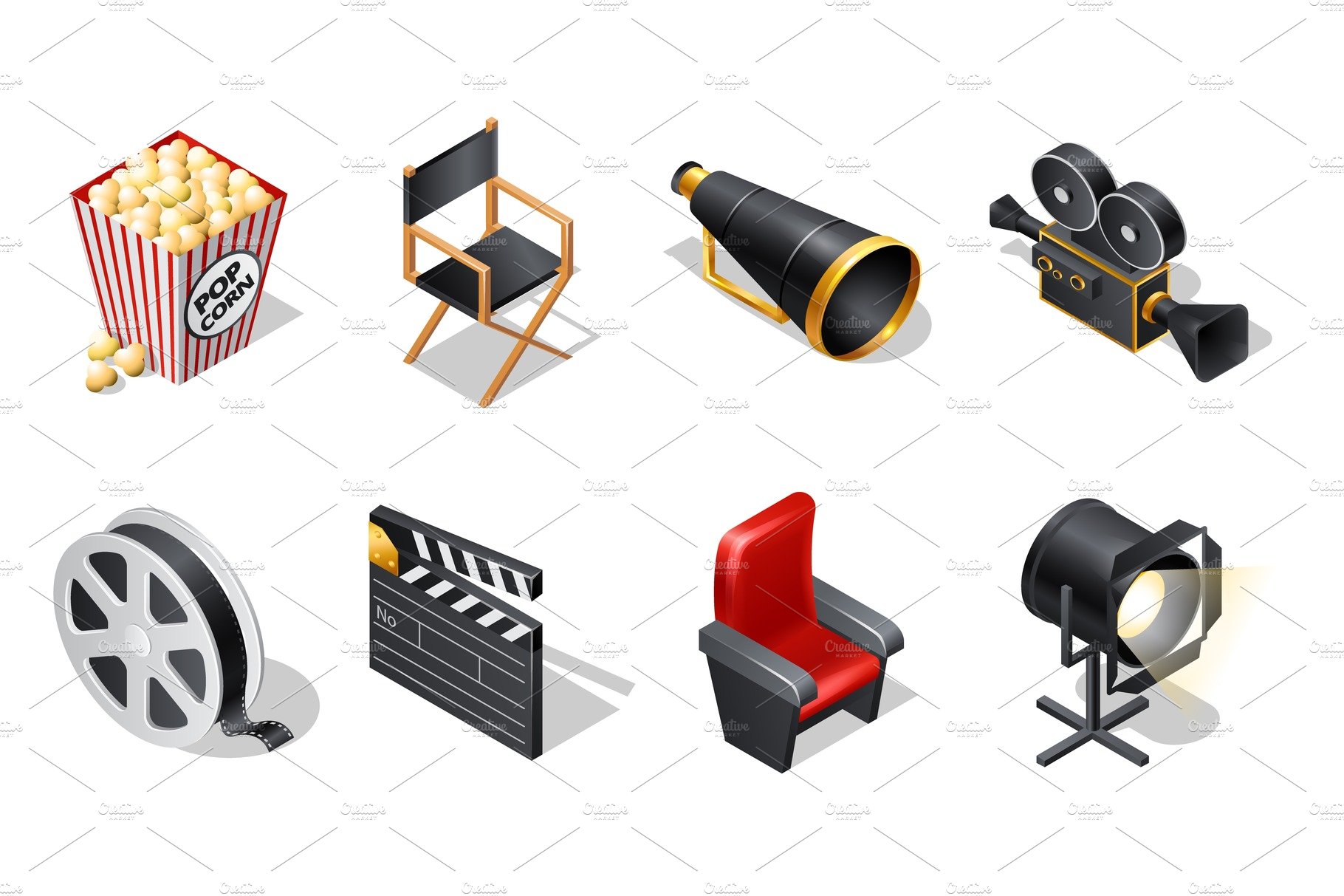 Cinema isometric icons with shadow cover image.