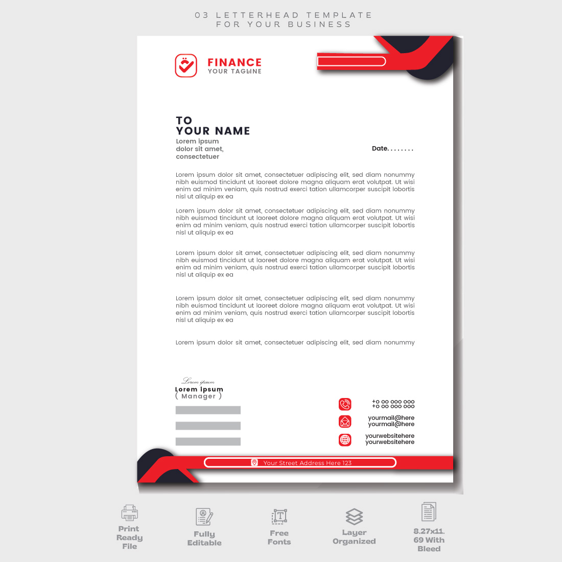 Letterhead with a red and black stripe.