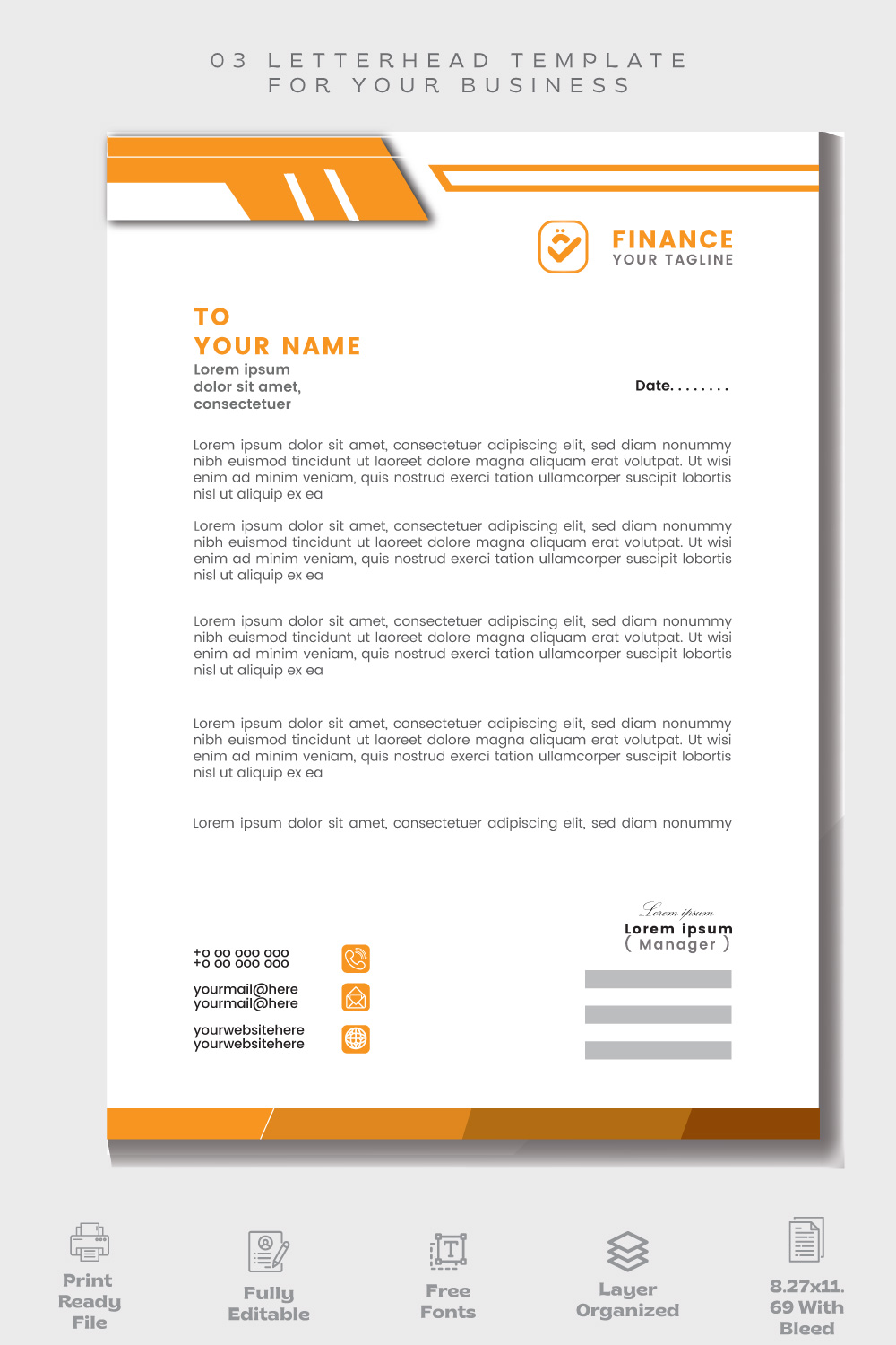 Letterhead for a company with orange accents.