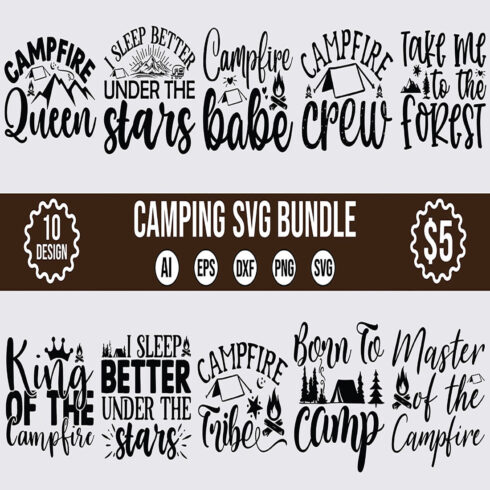 10 Camping SVG Design Bundle Vector Template cover image.
