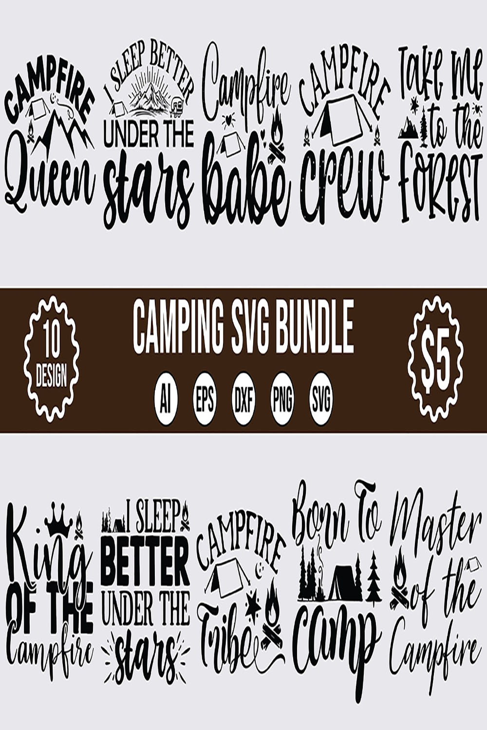 10 Camping SVG Design Bundle Vector Template pinterest preview image.