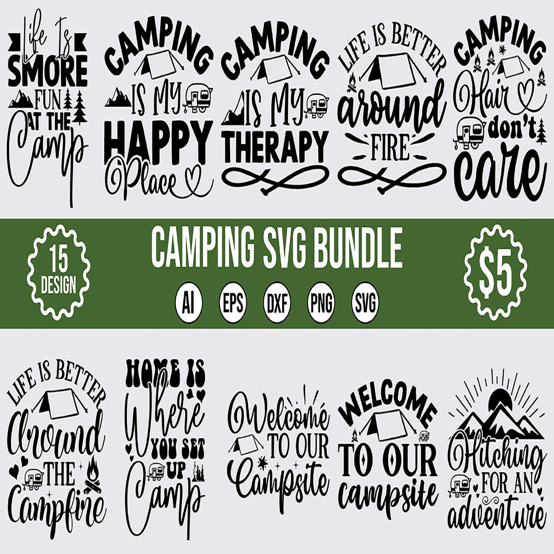 15 Camping SVG Designs Bundle Vector Template cover image.