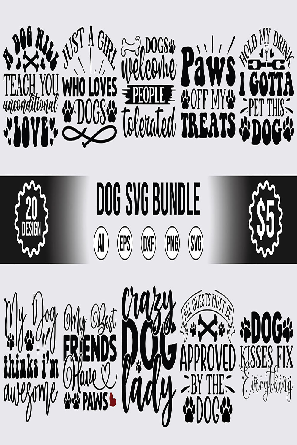 20 Dog SVG Design Bundle Vector Template pinterest preview image.