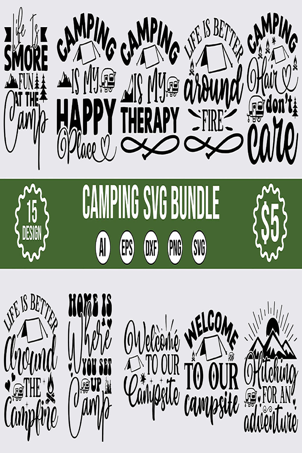 15 Camping SVG Designs Bundle Vector Template pinterest preview image.