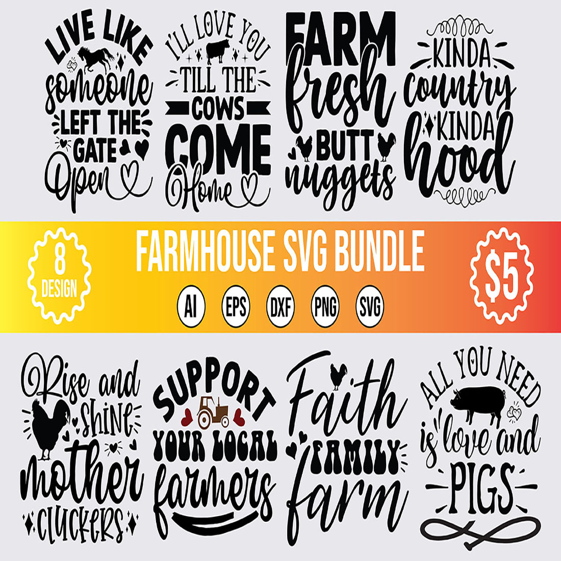 8 Farmhouse SVG Design Bundle Vector Template preview image.