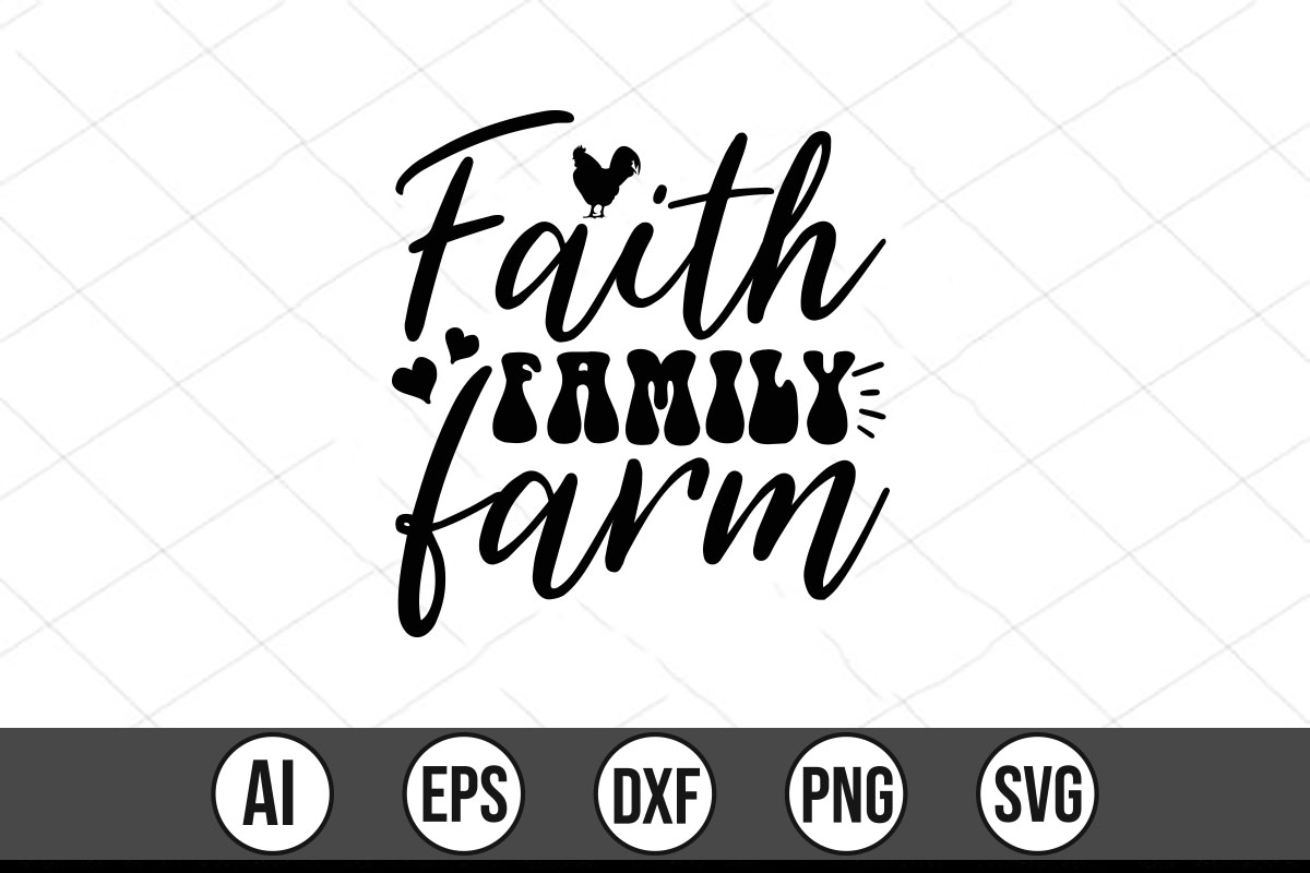 Black and white image of the word faith farm.