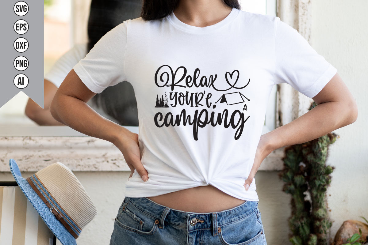 Woman wearing a t - shirt that says relax.