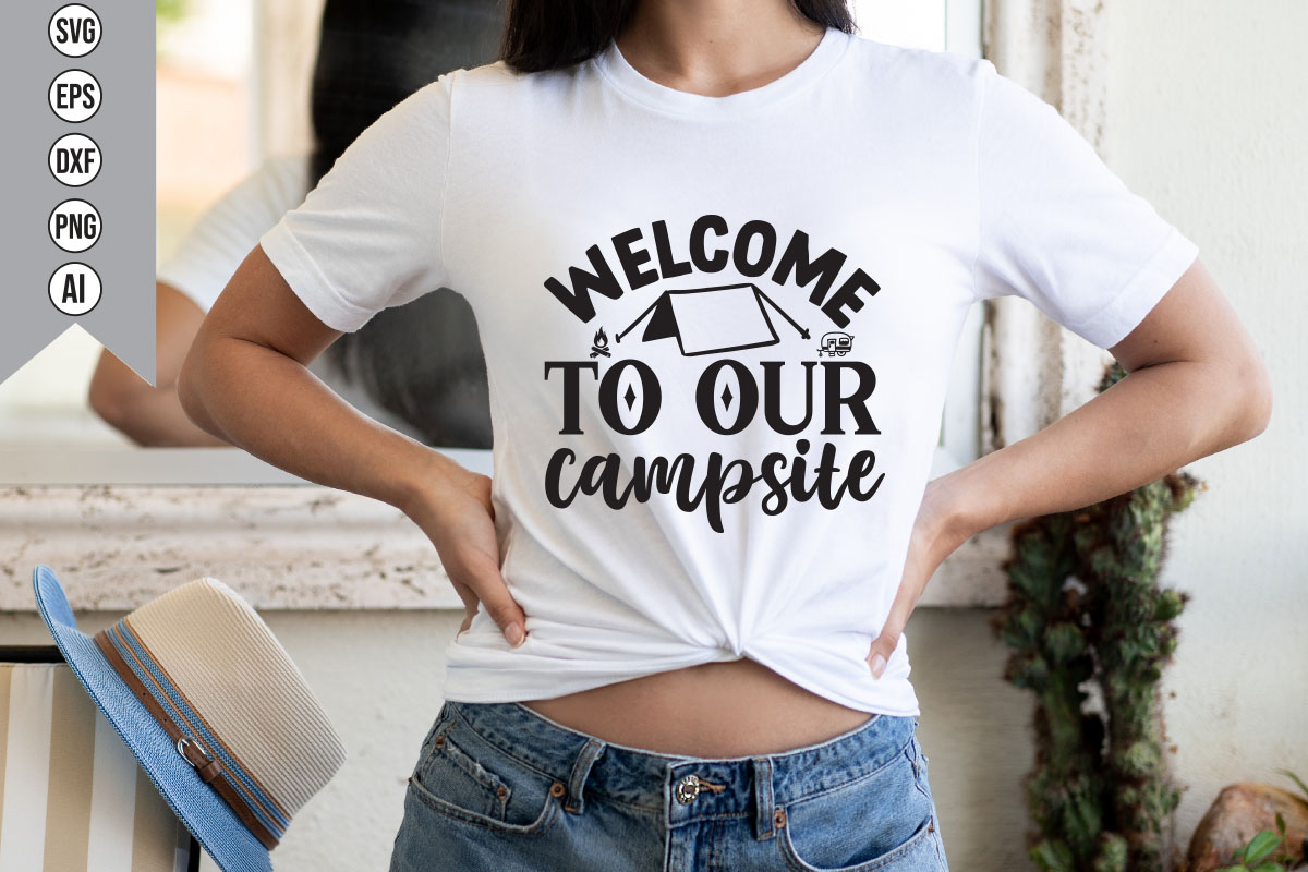 Woman wearing a welcome to our campsite t - shirt.