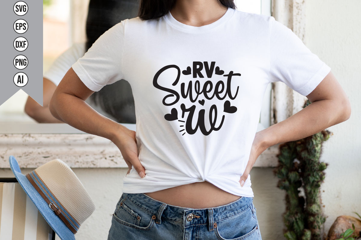 Woman wearing a white tshirt with the words rv sweet we on it.