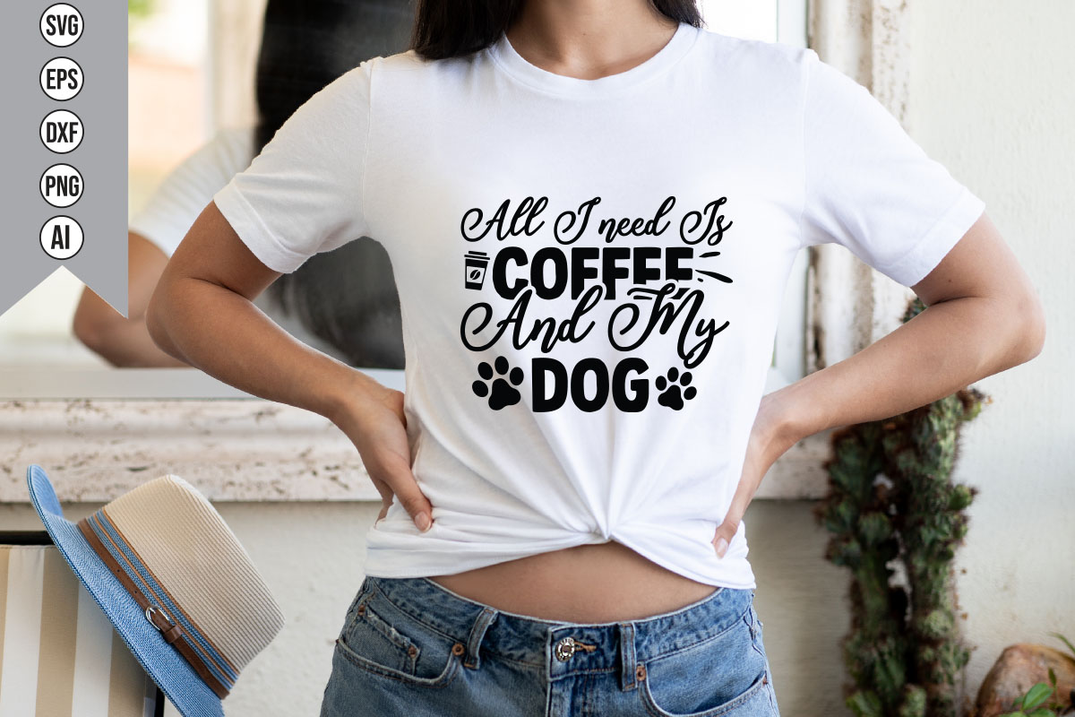 Woman wearing a t - shirt that says all i need is coffee and my.