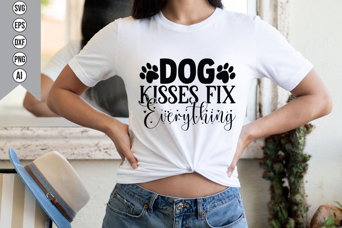 Woman wearing a dog kisses fix shirt.