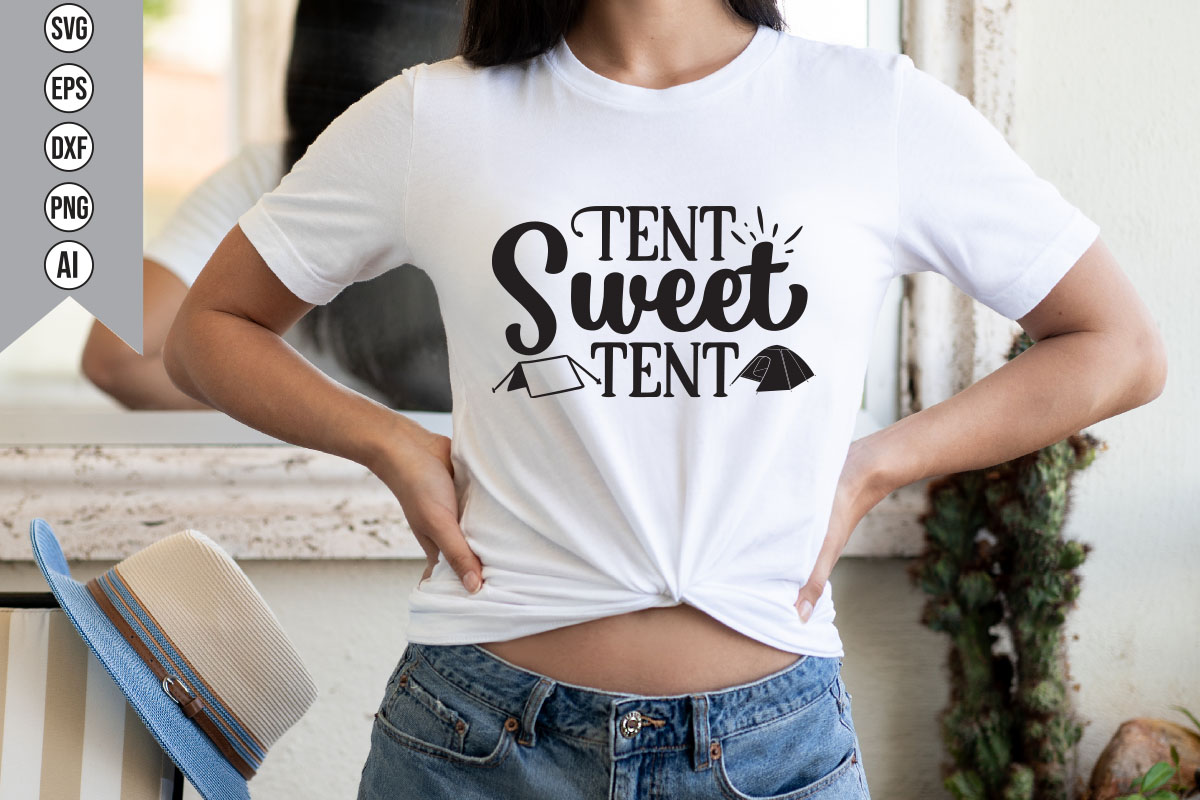 Woman wearing a t - shirt that says tent sweet tent.
