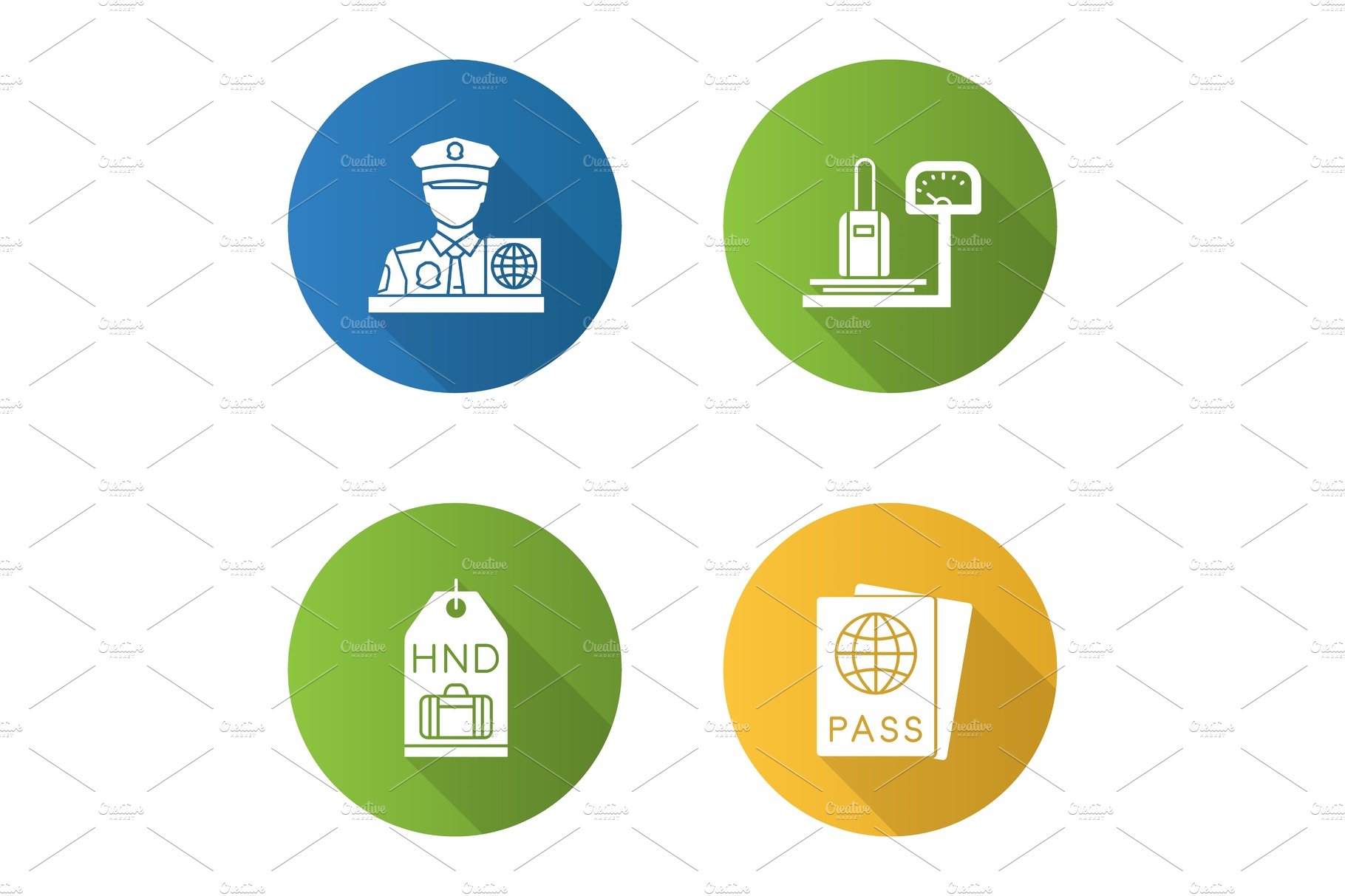 Airport service flat design long shadow glyph icons set cover image.