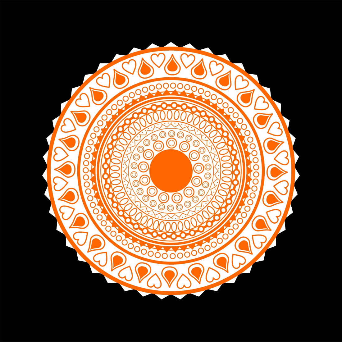 Orange and white circular design on a black background.